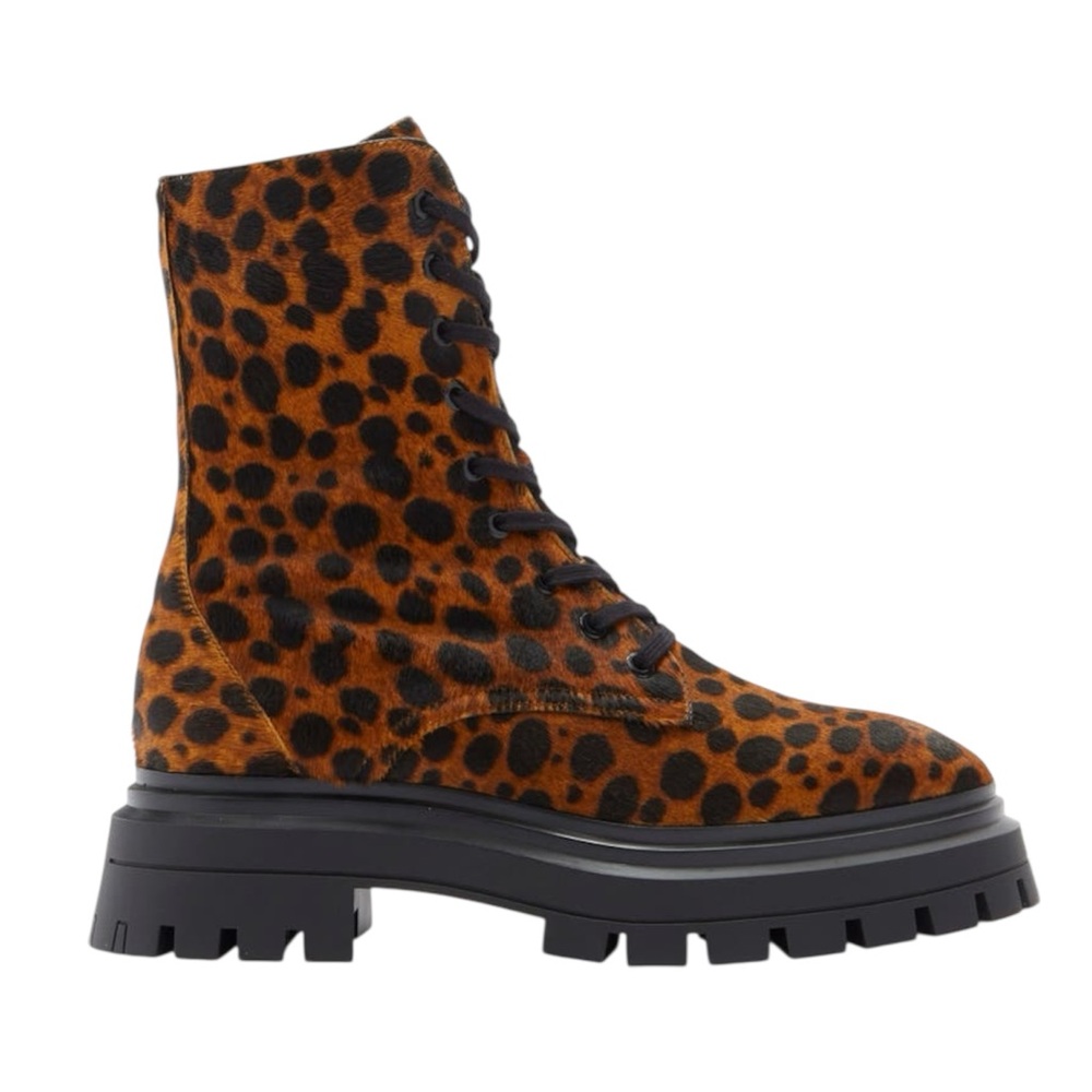 Stuart Weitzman brown black leopard print Bedford calf hair lace up combat boots